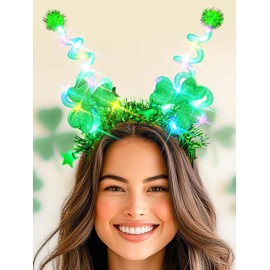 Lorealri St Patrick's Day Headband Light Up Green Shamrock Head Band LED Handmade Glowing Irish Festival Party Rave Hair Accessories for Women (Green B, One Size)