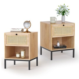 Rattan Nightstand Set of 2, End Table, Bedside Table, Rattan Side Table with Handmade Natural Rattan Decorative Door, Accent Table, Modern Nightstand for Bedroom, Living Room
