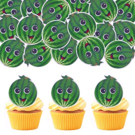 Cartoon fruit smiley cupcake decoration card, edible wafer paper creative baby full moon bath birthday series theme party dress up plug-in (Watermelon 50pcs)