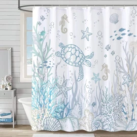 Nautical Coastal Turtle Shower Curtain, Coral Starfish Seashell Ocean Themed Bathroom Curtain, Underwater Seahorse Bathroom Decor Blue 72 x 72 inch