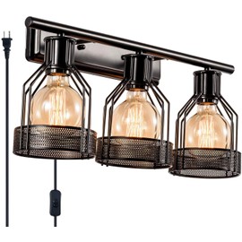 Gladfresit Industrial Bathroom Vanity Light Plug in 3 Lights Retro Cage Wall Sconce with Cord Metal Shade Vintage Wall Lights Fixtures for Indoor Home Dressing Table Mirror Cabinet (Bulb Not Included)