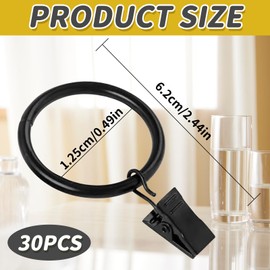 30PCS Black Metal Curtain Rings With Clips - Rustproof Drapery Hooks for Rods, 32mm Sliding Eyelet for Window and Shower Curtains