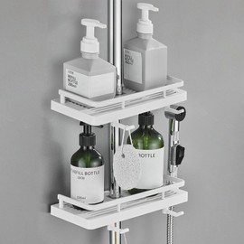 Hoomtaook Shower Shelf for Shower Rail Shower Caddy No Drilling Hanging Shower Shelves Accessories Brackets with Two Hooks and Shower Head Hooks Suitable for [21 mm-25 mm] Rail Plastic, Pack of 2