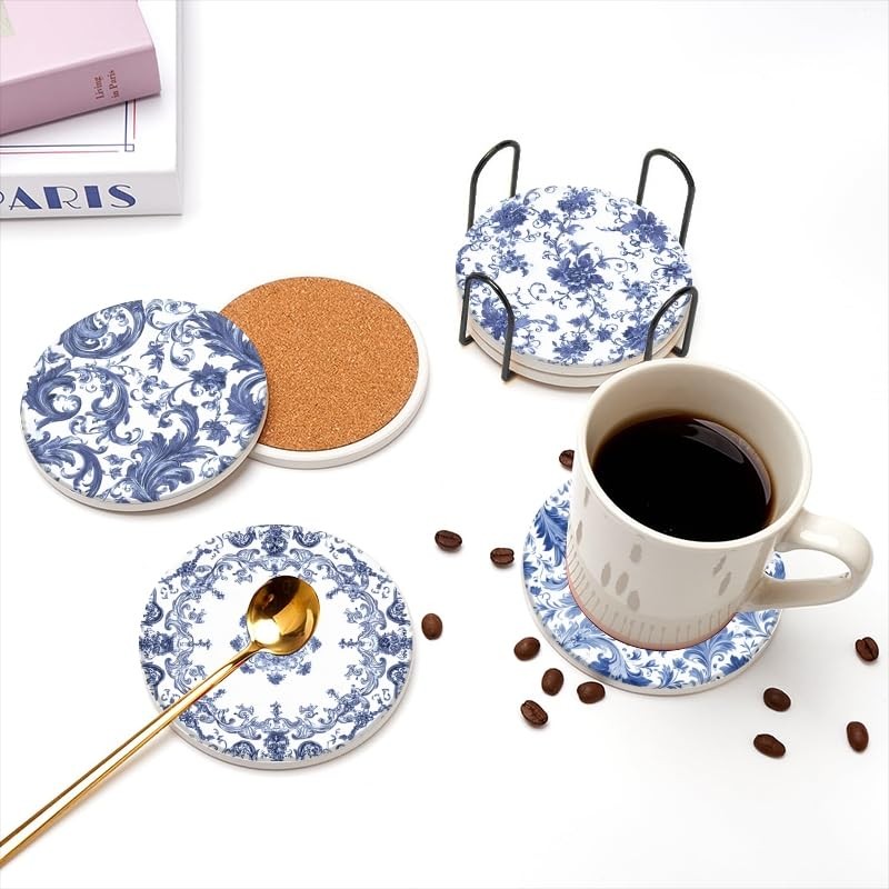 BaHomeck Absorbent Coasters for Drink Set of 6,Bule and White