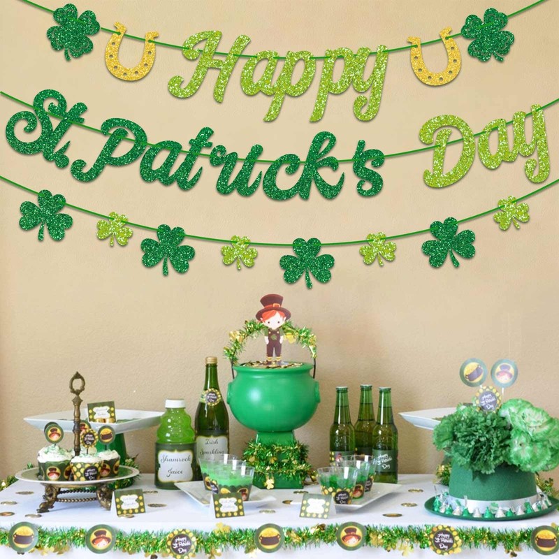 GULWAT Glitter Happy St. Patricks Day Banner Pre-Assembly Spring Shamrock