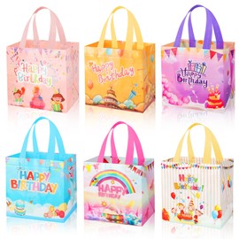 Lanfixilly 6Pcs Happy Birthday Gift Bags, Waterproof Reusable Non Woven Happy Birthday Party Gift Wrapping Bags with Handles for Girls Boys Women Men