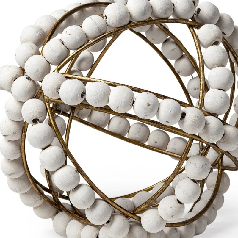 Homeroots 9" White Wooden Bead And Gold Orb Sculpture