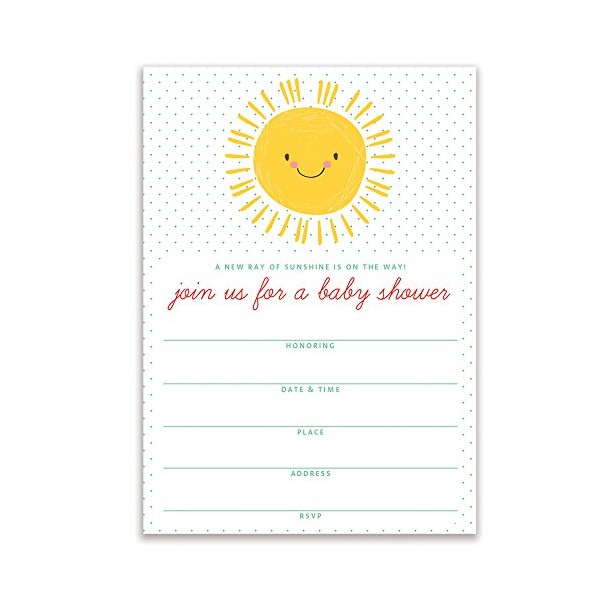 DB Party Studio Baby Shower Invitations Happy Sunshine Gender Neutral Sunny Smile Blank Invites with Envelopes ( Pack of 50 ) Large 5x7” Fill In Boy Girl Infant Mom-To-Be Smiling Sun Newborn VI0077
