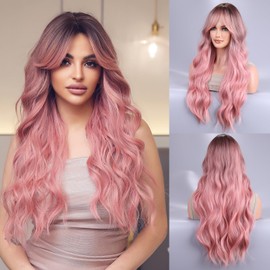 BERON Pink Wigs Long Wavy Women Wigs with Bangs Pink Ombre Curly Heat Resistant Synthetic Wigs for Daily Wig Cap Included