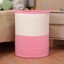 Homlikelan 58L Woven Laundry Basket,Cotton Tall Laundry Hamper for Blankets,Clothes,Pillows,Toys,Shoes Large Laundry Bin Pink&White