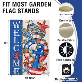 Artofy Welcome 4th of July Patriotic Small Decorative Garden Flag, America Nautical Anchor Swim Ring Seagull Yard Lawn Outside Decor, American USA Starfish Outdoor Home Decoration Double Sided 12 x 18