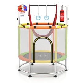 GYMAX 55" Trampoline for Kids, 440LBS 6 in 1 Toddler Rebounder with Swing, Basketball Hoop, Punching Bag, No-Gap Jumping Mat Mini Indoor Outdoor Trampoline for Boys Girls (Orange-Green-Yellow)