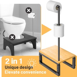 2-in-1 Toilet Paper Holder Stand and Storage with Bamboo Toilet Stool, Adjustable Squat Stool with Three Height Options, Bathroom Poop Stool for Adults Kids, Stable, Non-Slip,500 LBS Capacity