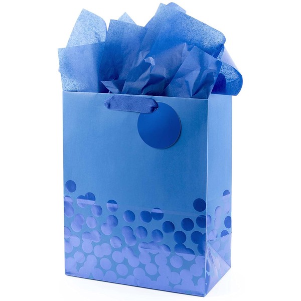 Hallmark 13" Large Gift Bag with Tissue Paper (Blue Foil Dots) for Hanukkah, Christmas, Birthdays, Fathers Day, Graduations, and Baby Showers