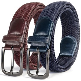TSUI CHAN - Cinturón para hombre, 2 unidades, elástico trenzado para hombre, cinturón elástico para pantalones de caza de golf, jeans, 1 3/8 pulgadas, Marrón/Azul, Large (40-44")