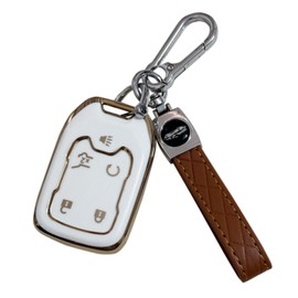 Key Fob Cover for Chevy GMC 5 Buttons Soft TPU with Leather Keychain Key Fob Remote Case Fit for Chevy Silverado GMC Acadia Denali Terrain Denali 2017-2023丨HYQ1EA HYQ1ES 13529632 13591396丨 (White)