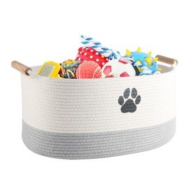 Geyecete Dog toy basket dog toy bin Woven Storage Baskets for Dog Cat Dog Toy Box Sturdy Reinforced Handles with Paw Print basket-Beige/Grey