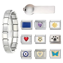 REGODI 11 PCS Italian Charms Bracelet Sets, Removable Classic Stainless Steel 9MM Module Charm Bracelet with Opening Tools, Modular Italian Charm Bracelet Links for DIY Jewelry Gifts