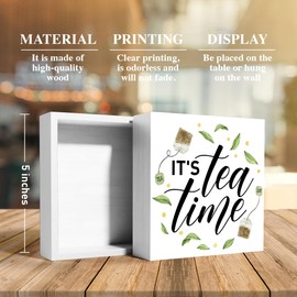 Tea Decor Wooden Box Sign, Tea Bar Tea Station Pantry Table Decor for Office Home Kitchen Decoration, Tea Lover Gifts for Women Men, It's Tea Time