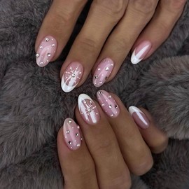 Christmas Press on Nails Short Almond Fake Nails Pink False Nails with Designs Snowflake Rhinestones Stick on Nails Full Cover Glossy Glue on Nails Winter Xmas Acrylic Nails for Women Girls 24 Pcs