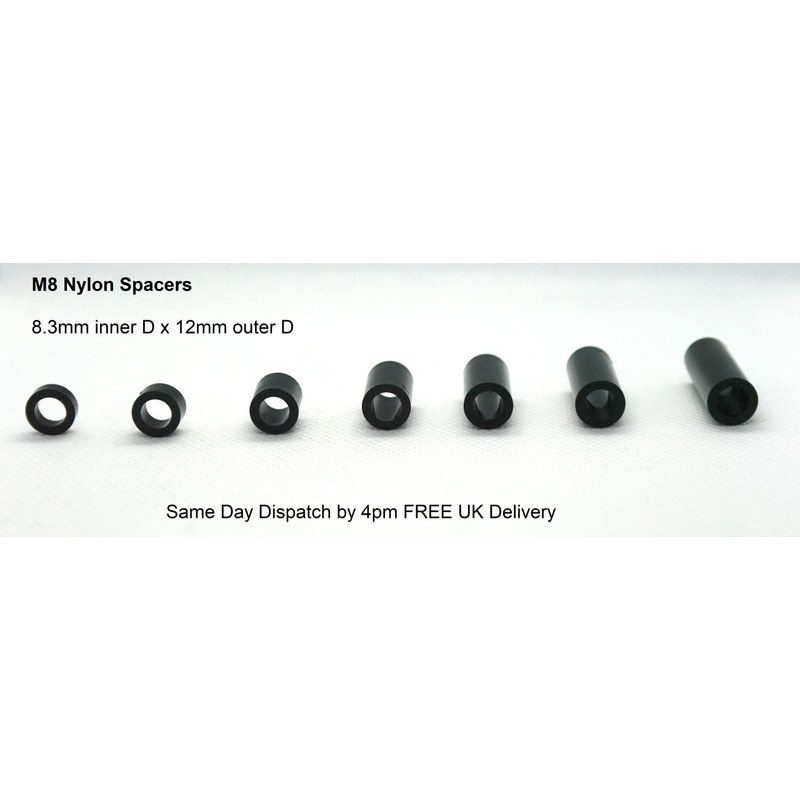 Spacers Nylon Black M8 x 25mm Length, 8.3mm Inner Diameter