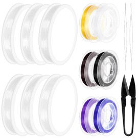 Swpeet Pack of 15 6 Rolls 0.4 mm 0.5 mm 0.6 mm 0.7 mm 0.8 mm 1 mm Colourful Elastic Stretch Thread and 125 mm Beads Needles with U Scissors Assortment Kit, Stretch Cord Thread for Jewellery