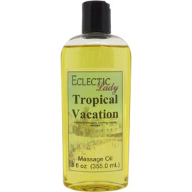 Tropical Vacation Massage Oil, 8 oz, with Sweet Almond Oil and Jojoba Oil, Preservative Free, Perfect for Aromatherapy and Relaxation