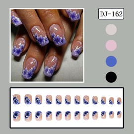 Flower Press on Nails Short Square Fake Nails with Purple Floral Design False Nails Glossy Glue on Nails Spring Acrylic Nails Full Cover Stick on Nails for Women Manicure 24Pcs