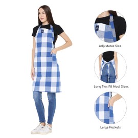 Encasa Homes Adjustable Kitchen Apron with Pockets and Towel Rail, 68 x 85 cm, Recycled Cotton, for Home, Restaurant, Men & Women, Cooking, Baking, Buffalo Blue Checks