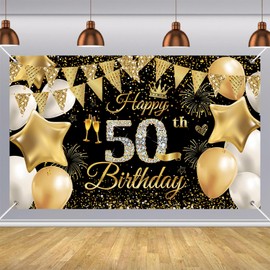 180 * 110cm Happy 50th Birthday Banner Men Women,Black Gold 50th Birthday Decorations Backdrop Fabric 50th Birthday Sign Poster Birthday Photo Background for Her Him 50 Birthday Anniversary Party