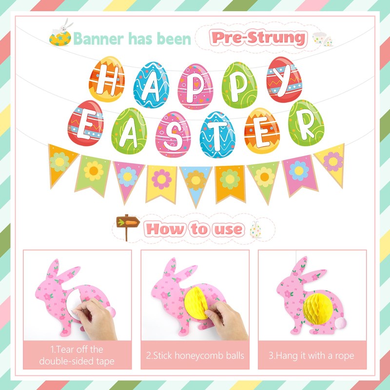 Pre-Strung Easter Decorations Set - Happy Easter Banner Decor with