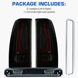 LED Tail Light + 3rd Brake Light Kit for Chevy Silverado 1500 2500 HD 1999-2002, for GMC Sierra 1500 2500 HD 1999-2003 Fleetside Bedtype, Rear Brake Cargo Lamp Taillight Assembly, Smoke Lens