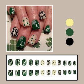 24Pcs Shamrock Press on Nails Short Square Fake Nails St. Patrick's Day Glue on Nails White Four Leaf Clover False Nails Spring Full Cover Green Stick on Nails Cute Polka Dot Acrylic Artificial Nails