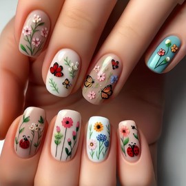 Flower Press on Nails Short Square Fake Nails Colorful Glue on Nails with Butterfly Ladybug Design Stick on Nails Spring Acrylic False Nails Full Cover Artificial Nails Reusable Nails Kit for Women