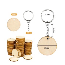 Set of 100 Wooden Discs with Key Ring, Wooden Plates, Durable, Lightweight Key Chain, Wooden Pendant for DIY Crafts, Painting, Craft Decoration Accessories