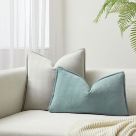 JUSPURBET Dust Blue Herringbone Textured Lumbar Throw Pillow Covers 16x24 inch Set of 2 for Home Decor Living Room Couch Bed Decorative Soft Luxury Chenille Cushion Case with Invisible Zipper