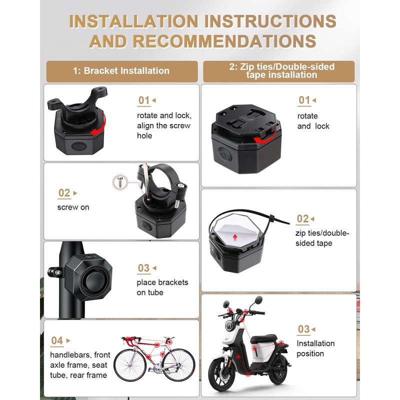 ONVIAN Bike Alarm with Motion Sensor Remote, USB-C Rechargeable Wireless