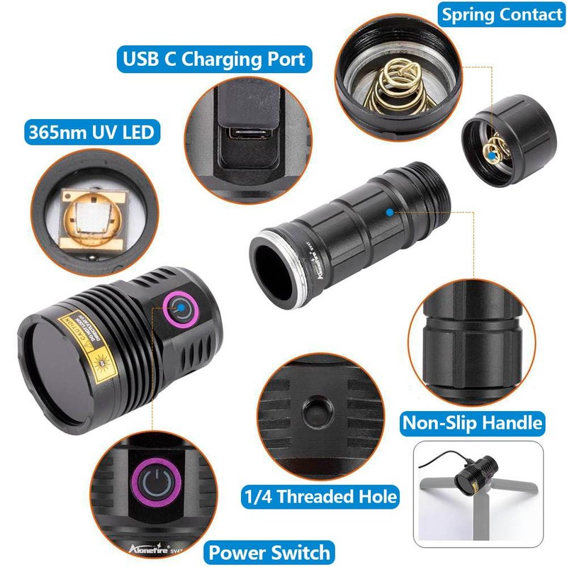 ALONEFIRE SV47 12W 365nm UV Flashlight USB C Rechargeable Long