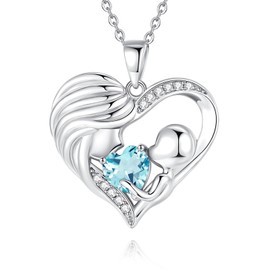 FANCIME Mum Birthstone Necklace Aquamarine Mother and Child Love Heart Necklace I Love You Mum Gifts Mother's Day Gifts March Jewellery Gifts for Grandmother Mum Wife, 16"+2" Inches