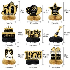 Voxisroma 50th Birthday Men 9 Pieces Black Golden Honeycomb Centrepiece Table Decoration Birthday, 50th Decoration, 50th Party Decoration for Women, Men, Gifts (German)