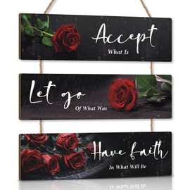KARINE Red Flower Wall Decor Motivational Words Hanging Sign Rose Flowers Inspirational Quotes Wall Plaque for Office Accept Let Go Have Faith Quotes for Girls Women Living Room Bathroom