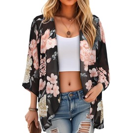 Women's Kimono Cover Up Floral Print Short Sleeve Lightweight Cardigan Loose Casual Summer Blouse Boho Tops