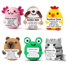 UNCLEM 6PCS Positive Crochet Animals Set Birthday Gift for Women Men Him Her Emotional Support Get Well Gift Potato Capybara Coffee Cat Chicken Axolotl Frog Desk Decor Friend Boyfriend