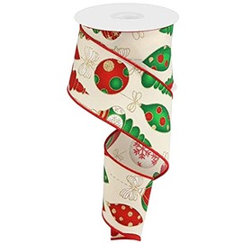 Hanging Christmas Ornaments Wired Edge Ribbon, Ivory Green Gold White - 2.5 Inches x 10 Yards