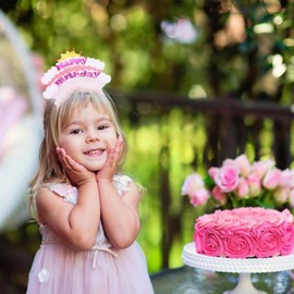 Pejlnd Rose Pink Fur Happy Birthday Headband - 1Pcs Birthday Girl Headband Crown for Women Girls Kids Gifts Party Decorations Supplies