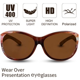 The Fresh High Definition Polarized Wrap Around Shield Sunglasses for Glasses - Leather Eyeglasses Case (F560902 Brown/Floral Flower Print, Brown)