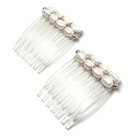 Set of 2 Small Hair Combs Oval Cultured Freshwater Pearl White