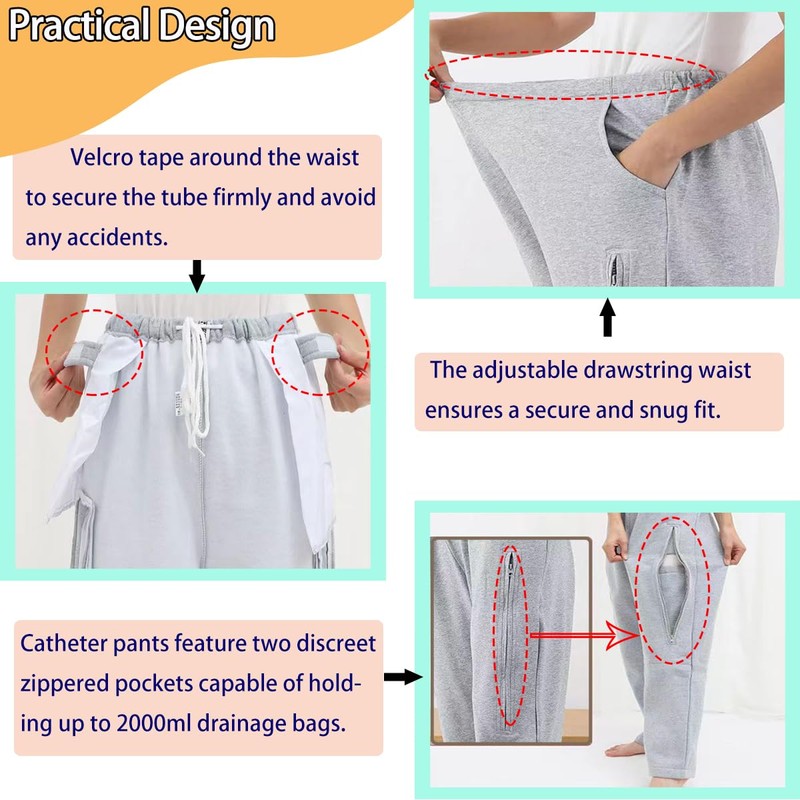 Catheter Pants for Men/Women, Nephrostomy/Urinary Pants, Holds 2 Urine Bags