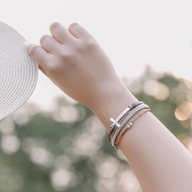 FANCY SHINY Cross Leather Wrap Bracelets Christian Jewelry Religious Baptism Gifts for Women Boho Bead Charm Bracelets with Magnetic Clasp(Brown)