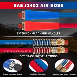 CheeMuii 12 FT Semi Truck Air Line Hose Assembly Rubber Air Brake Hoses With Flexible Grips & DOT Fittings for Truck Trailer Tractor - (Red & Blue Color-Coded)